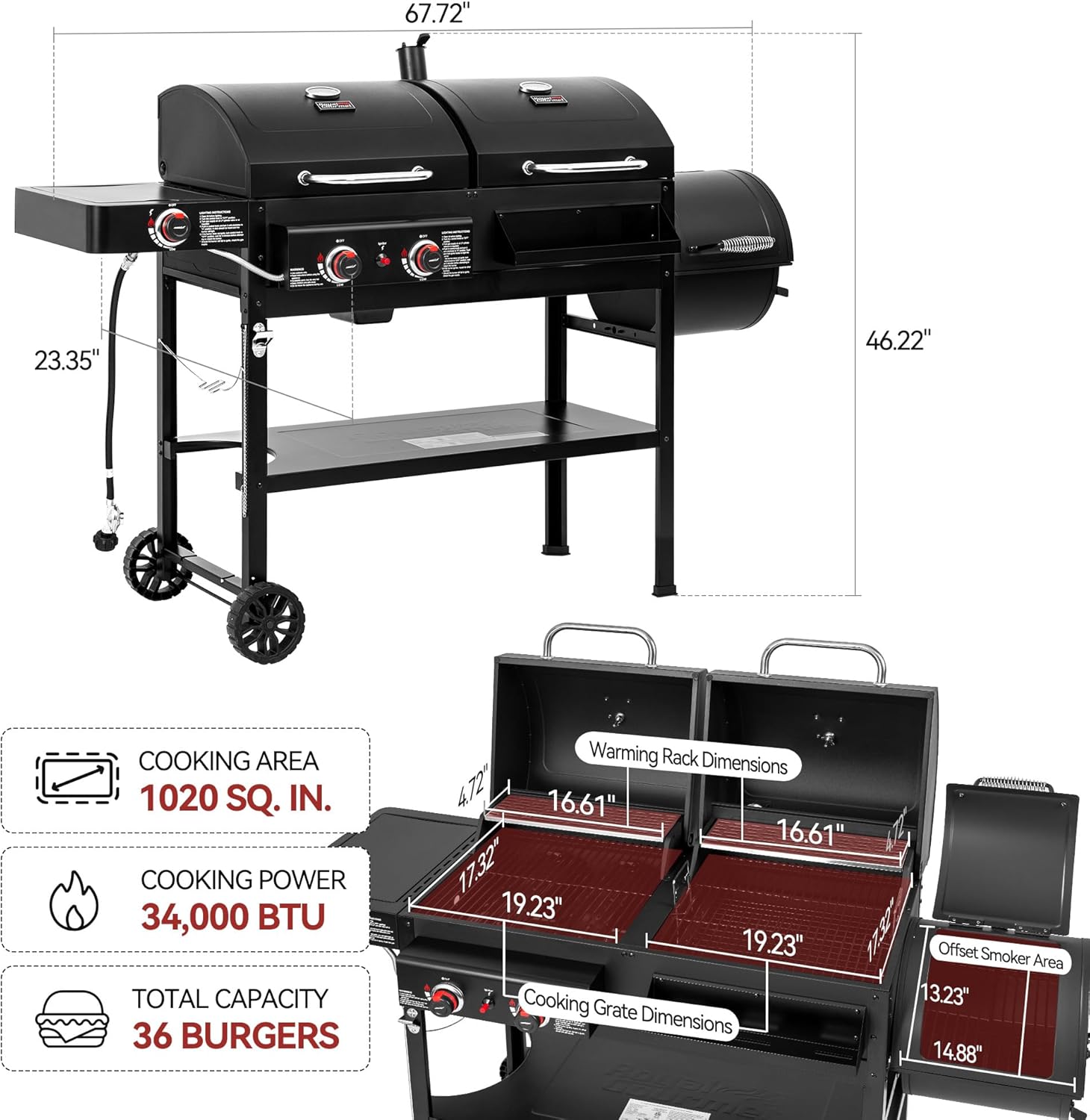 2-Burner Gas and Charcoal Grill Combo with Offset Smoker & Side Burner  34 000 BTU Dual Fuel Grill  1020 Sq. In. Cooking Area  Ideal for Outdoor Cooking  Black  ZH3005Y-SC