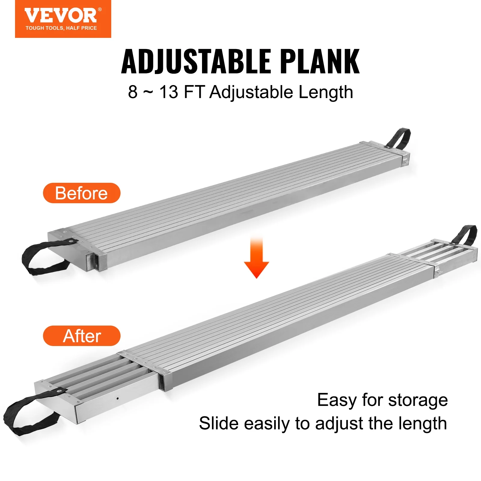 VEVOR Telescoping Aluminum Work Plank, 8-13 Feet 500lbs Capacity, 12.5 inch Width Aluminum Scaffold Plank,Extension Staging Plank with Skid-Proof Platform Scaffold Ladder Accessory