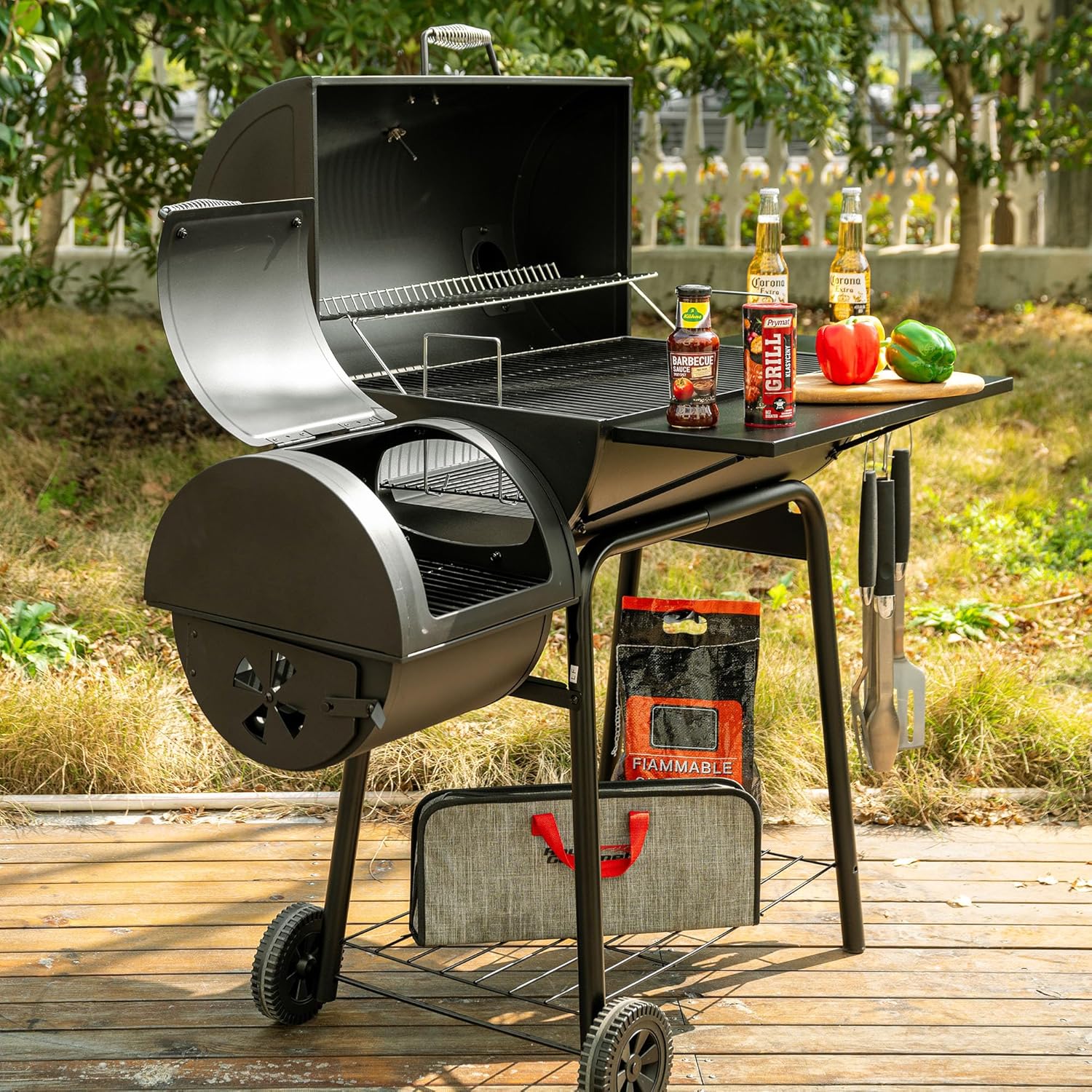 BBQ Charcoal Grill and Offset Smoker, 30'' L, 800 Square Inch, Outdoor for Camping, Black