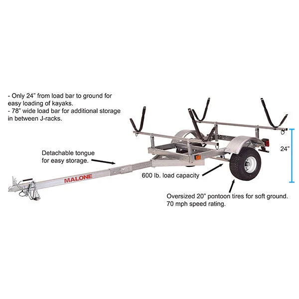 Malone LowMax 2 Kayak Trailer Package, 600 lb Capacity, Galvanized Steel, LED Lights, 70 MPH Rated Tires