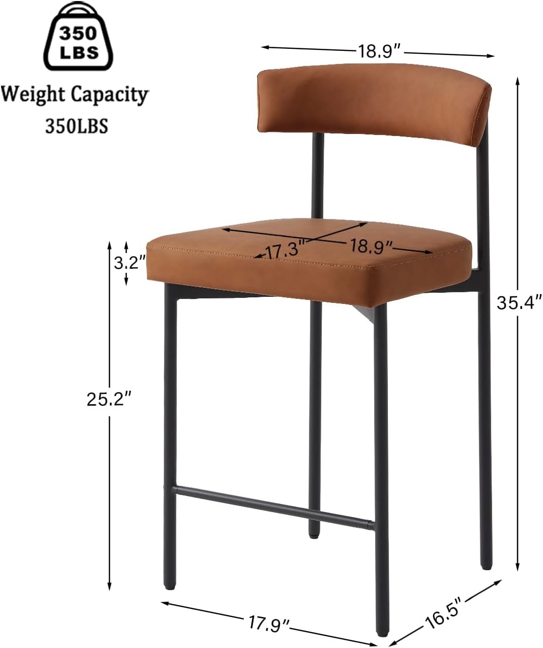 Brown Modern Bar Stools Set of 3, 24 Inch Faux Leather Counter Stools with Curved Backrest, Counter Height Bar Stool for Kitchen Island
