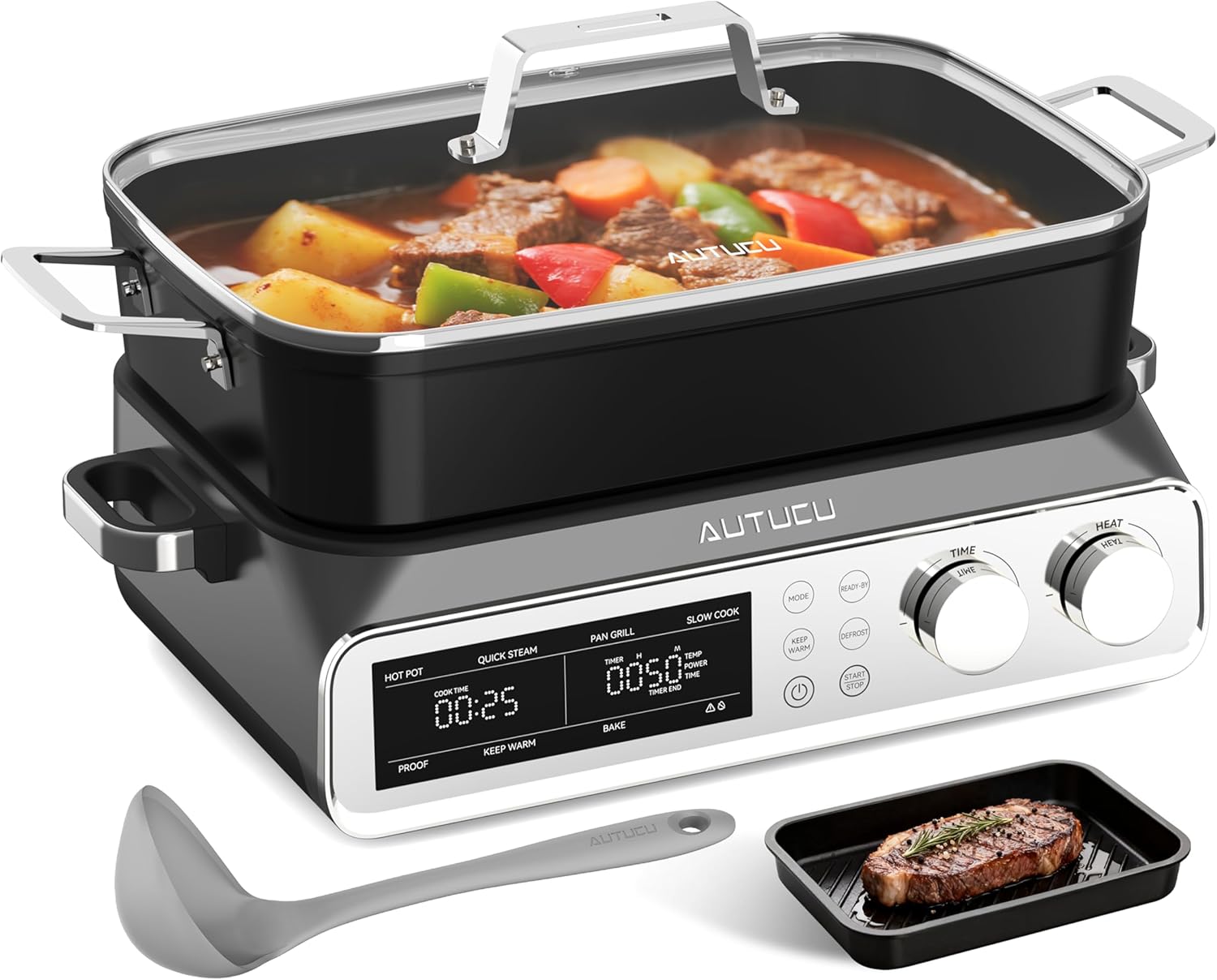 N21NA Pro Slow Cooker 10 Quart, 8-in-1 Programmable PFOA-Free Ceramic Coated Multi-Cooker with Grill Pan, Steaming Plate (Includes Silicone Spoon & Tongs)