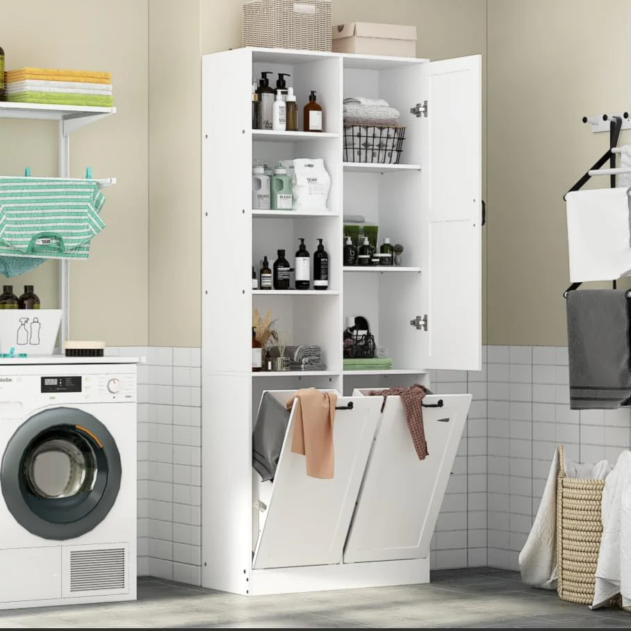 Storage cabinet with laundry basket, display cabinet