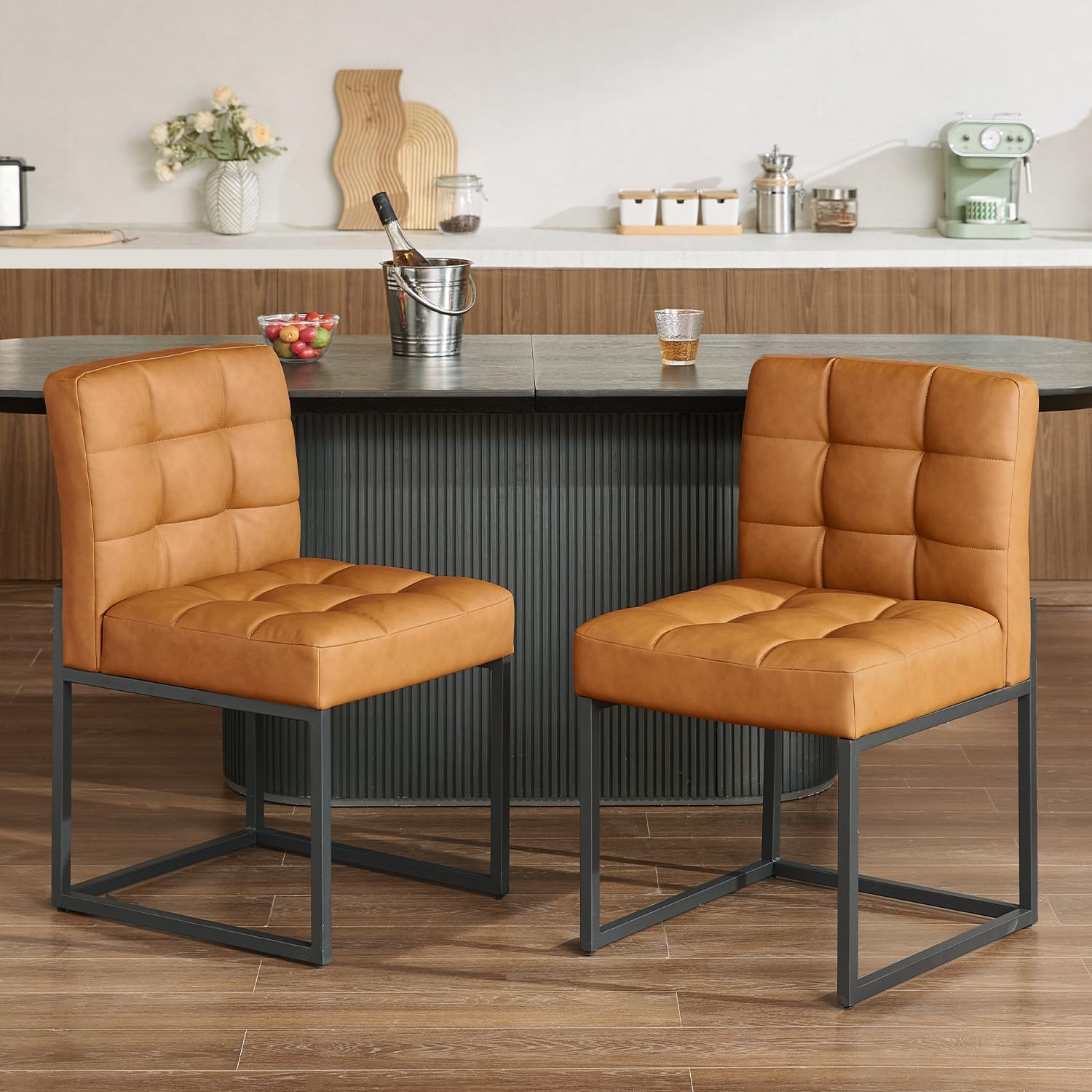 Brown Faux Leather Dining Chairs Set of 2, Mid-Century Modern Dining Room Chairs with Armless, Checkered Kitchen Chair with Metal Legs