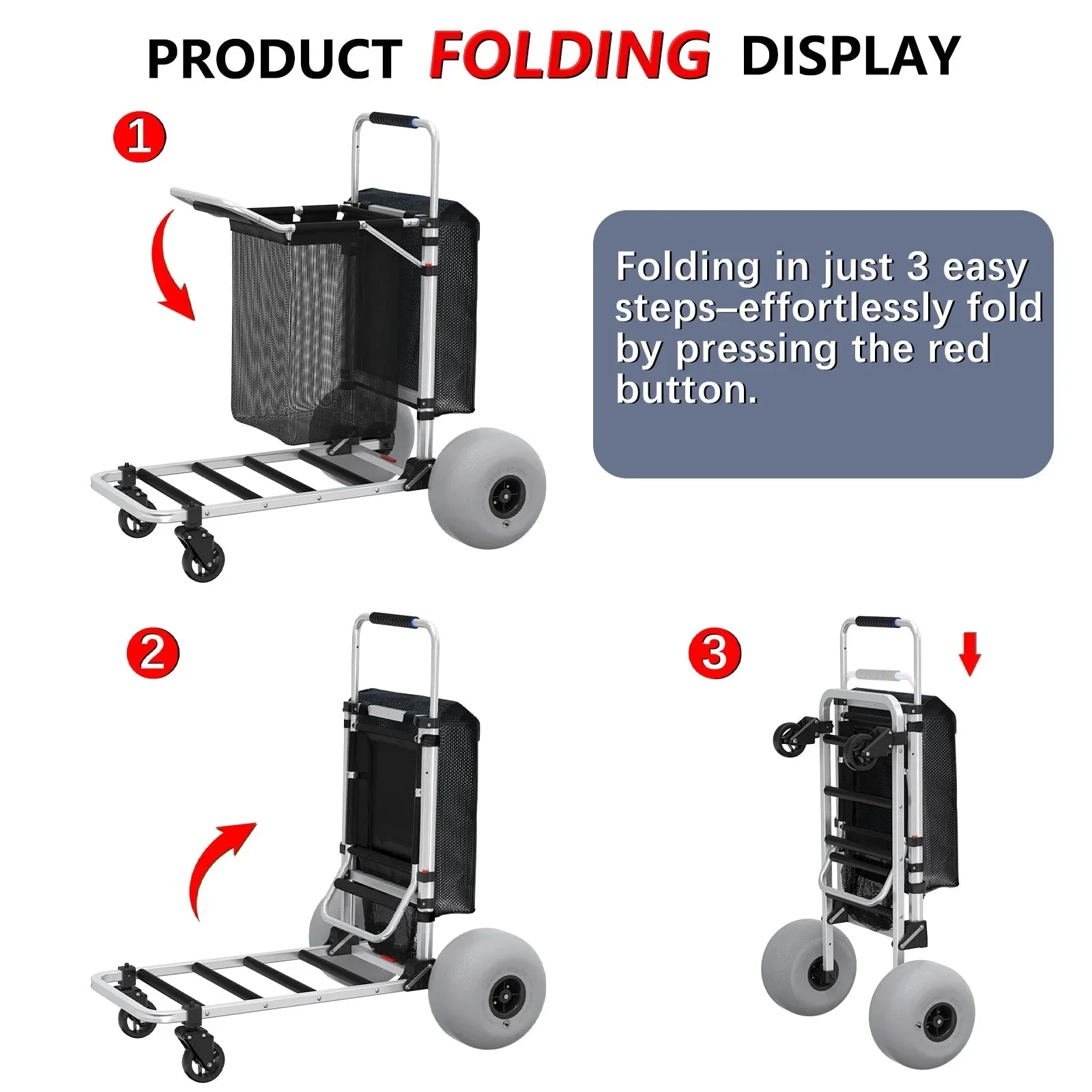 Foldable Beach Cart with Adjustable Handle and 12
