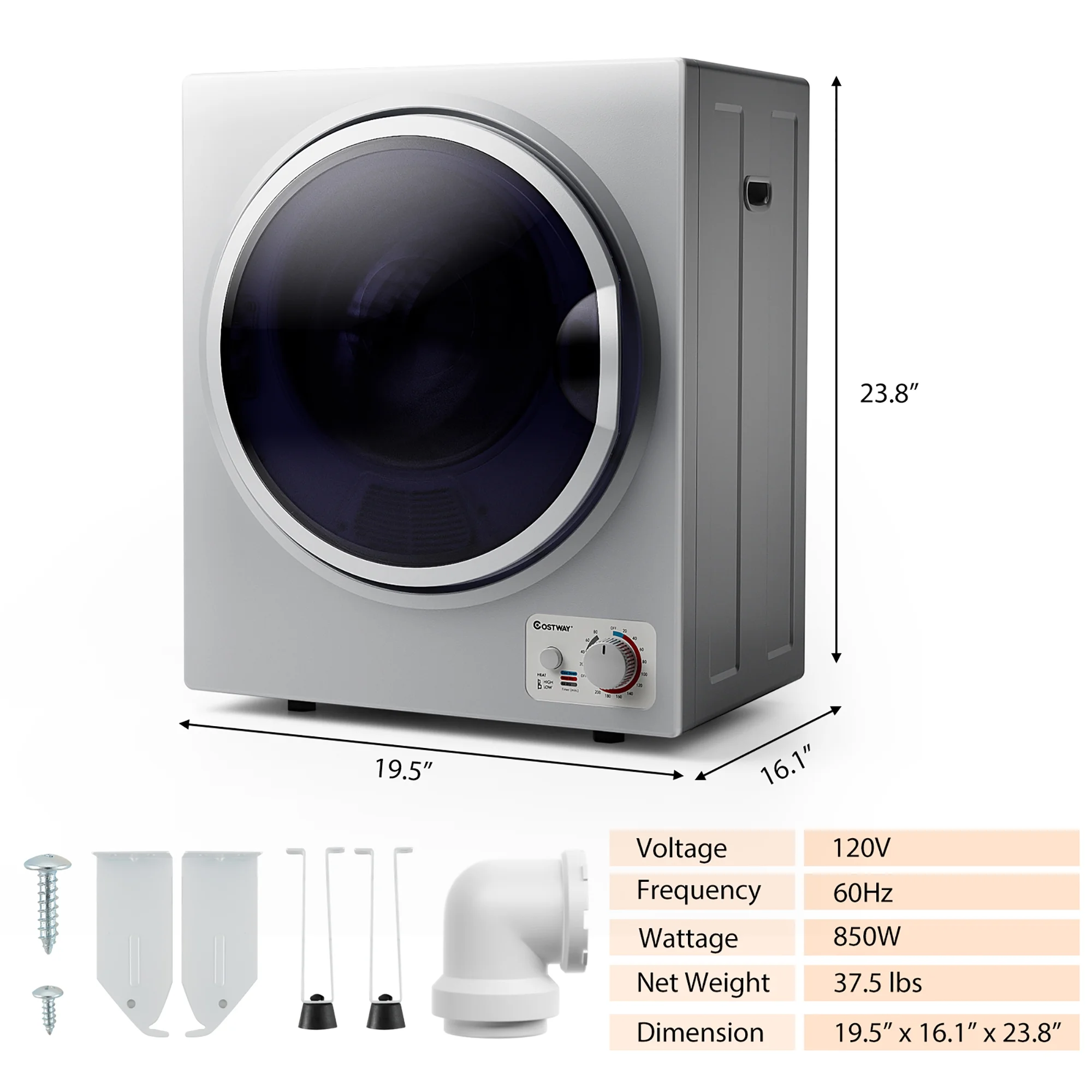Costway Electric Tumble Compact Laundry Dryer Stainless Steel Wall Mounted 1.5 cu .ft.