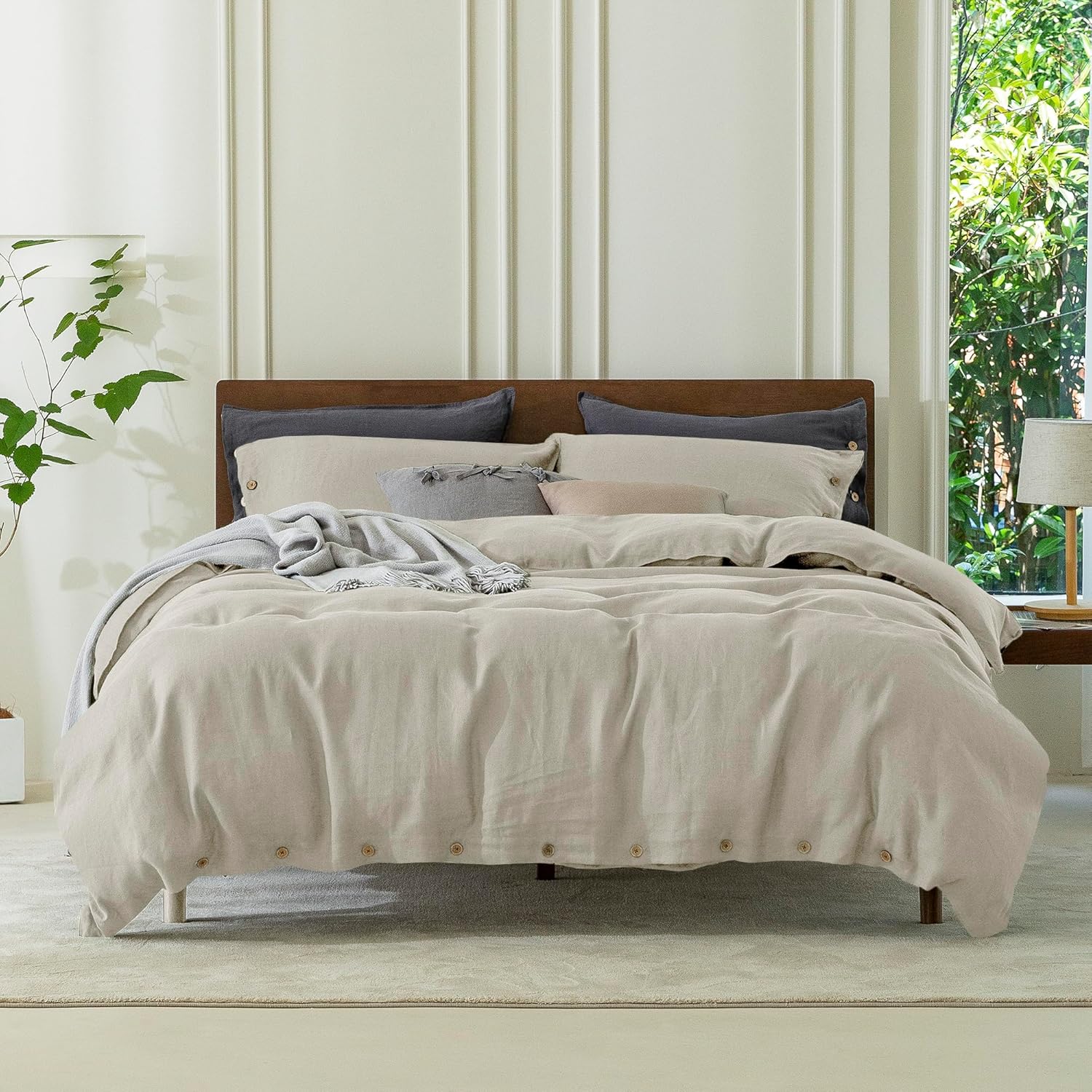 EVERLY 100% Pure Linen Duvet Cover Set Queen Size90X90Inch 3pcs (1 Duvet Cover,2 Pillowcases) Soft and Breathable for All Season with Coconut Button Closure, Suitable for Hot Sleepers-Linen-Queen