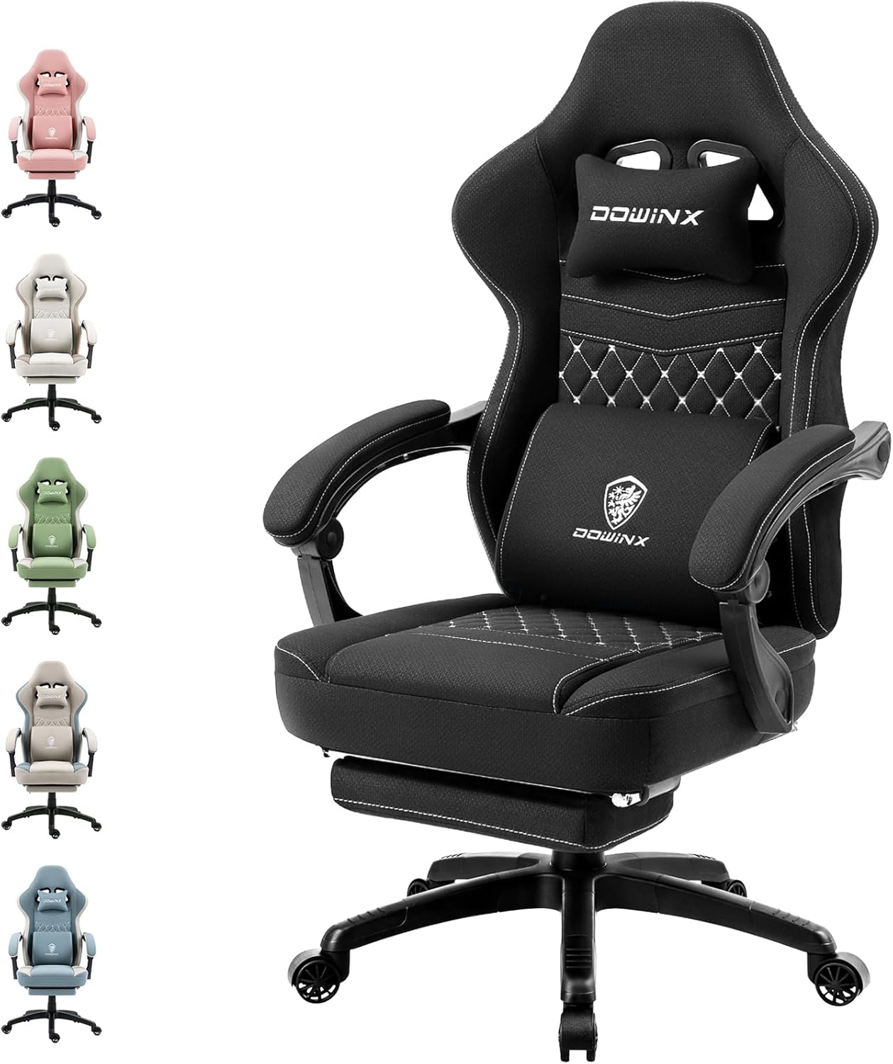 Dowinx Gaming Chair Breathable Fabric Game Chair with Gel Pad and Storage Bag, Comfortable Gamer Chair with Pocket Spring Cushion,Ergonomic Computer Chair with Footrest,Black