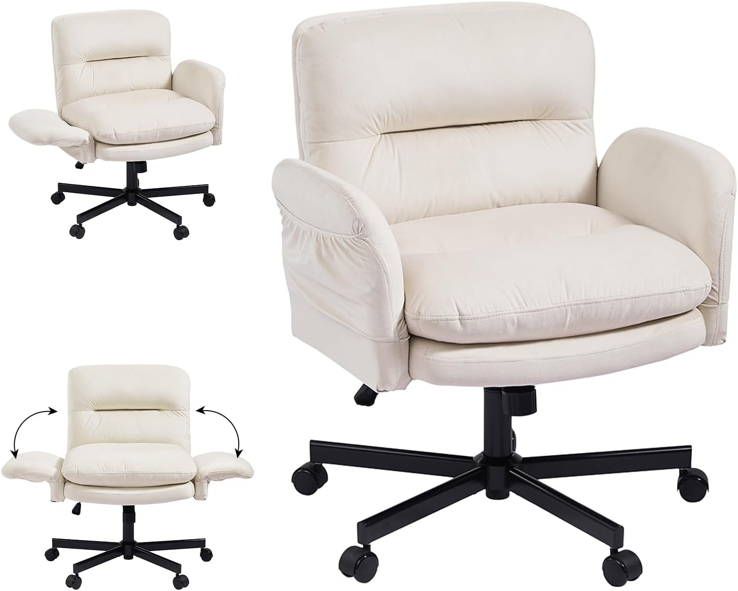 Bestier Criss Cross Office Chair with Flip-Up Arms, Vanity Comfy Chair with Thick Cushion & Wheels, Cross Legged Office Chair for Home Office, Bedroom, Beige Velvet